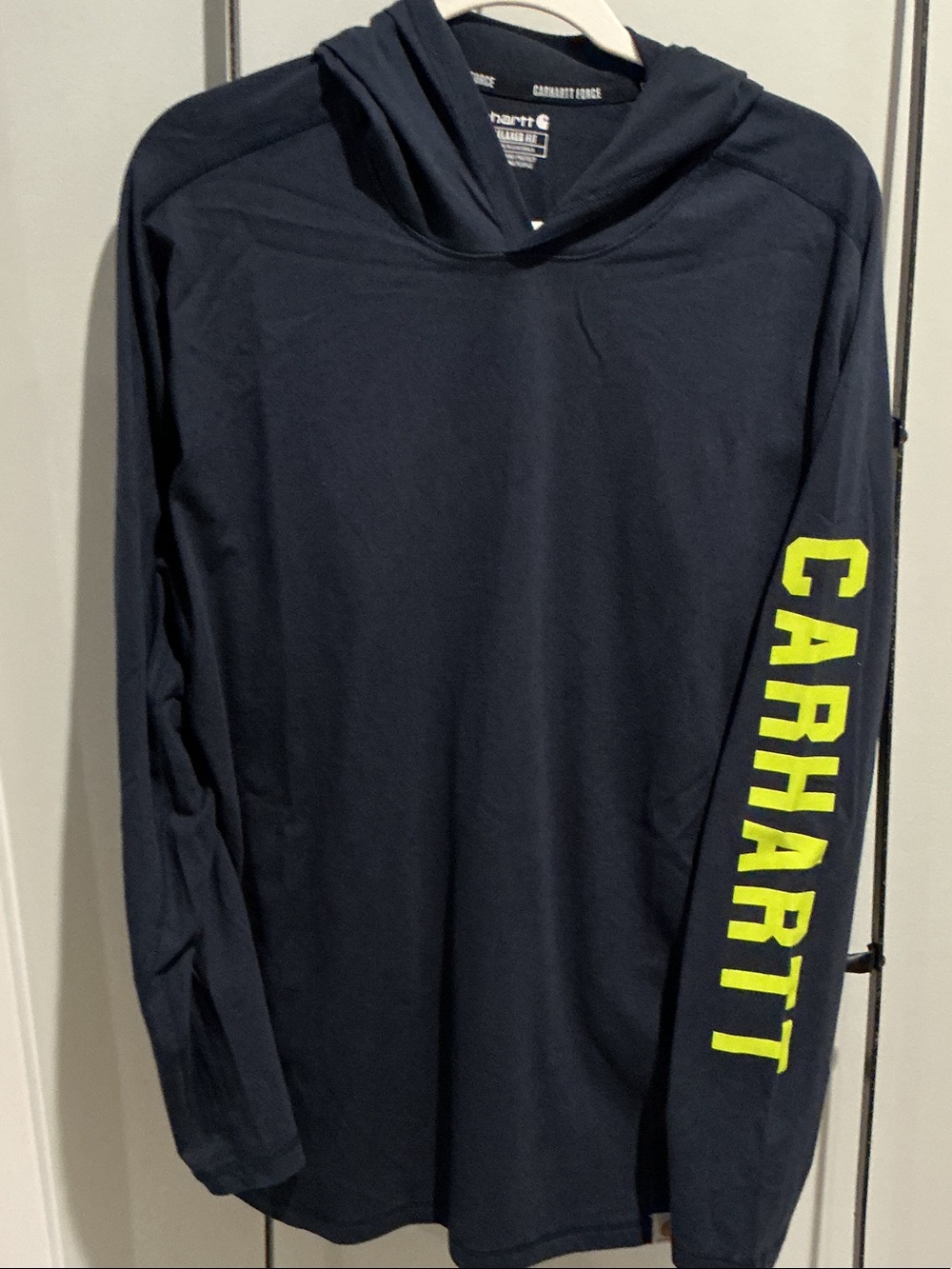 Carhartt Navy Men's Hooded Long Sleeve with Neon Yellow Sleeve Logo